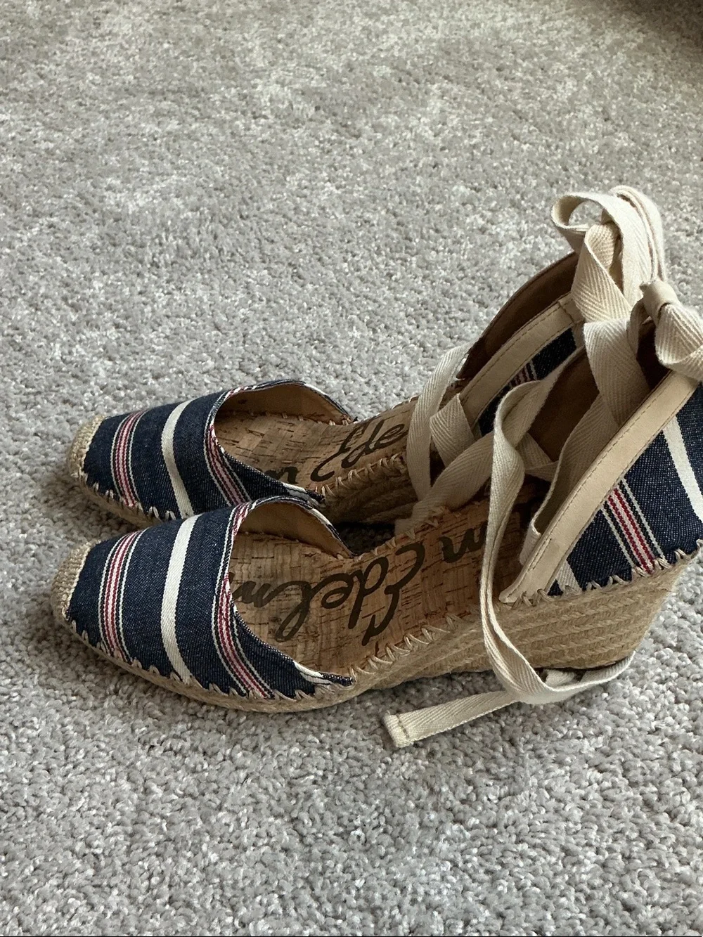 Sam Edelman Patsy Striped Canvas Espadrille Wedges with Ankle Ties - Navy Sz 9M